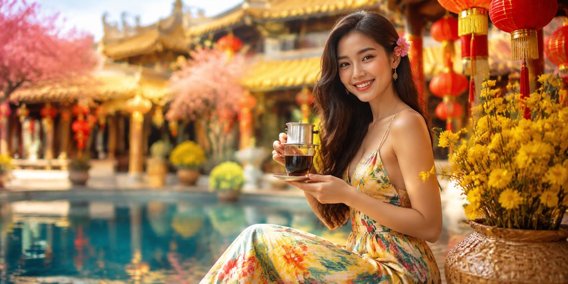 Người dùng Huế ngồi cà phê buổi sáng và xem lại lịch sử nhận bonus VIP trên điện thoại